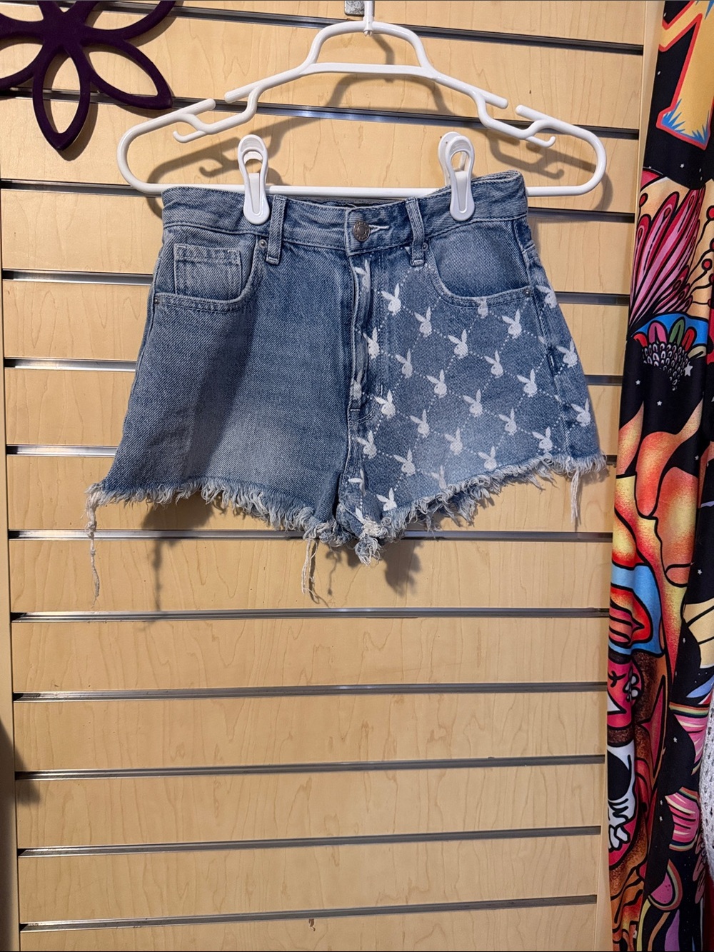 PacSun Light Blue High-Rise Distressed Denim Shorts with Bunny Print
